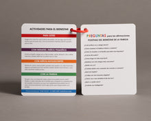 Load image into Gallery viewer, A deck of cards with a family image on the cover, titled 'Afirmaciones Positivas Para El Bienestar De La Familia', which translates to 'Positive Affirmations for Family Well-being'.